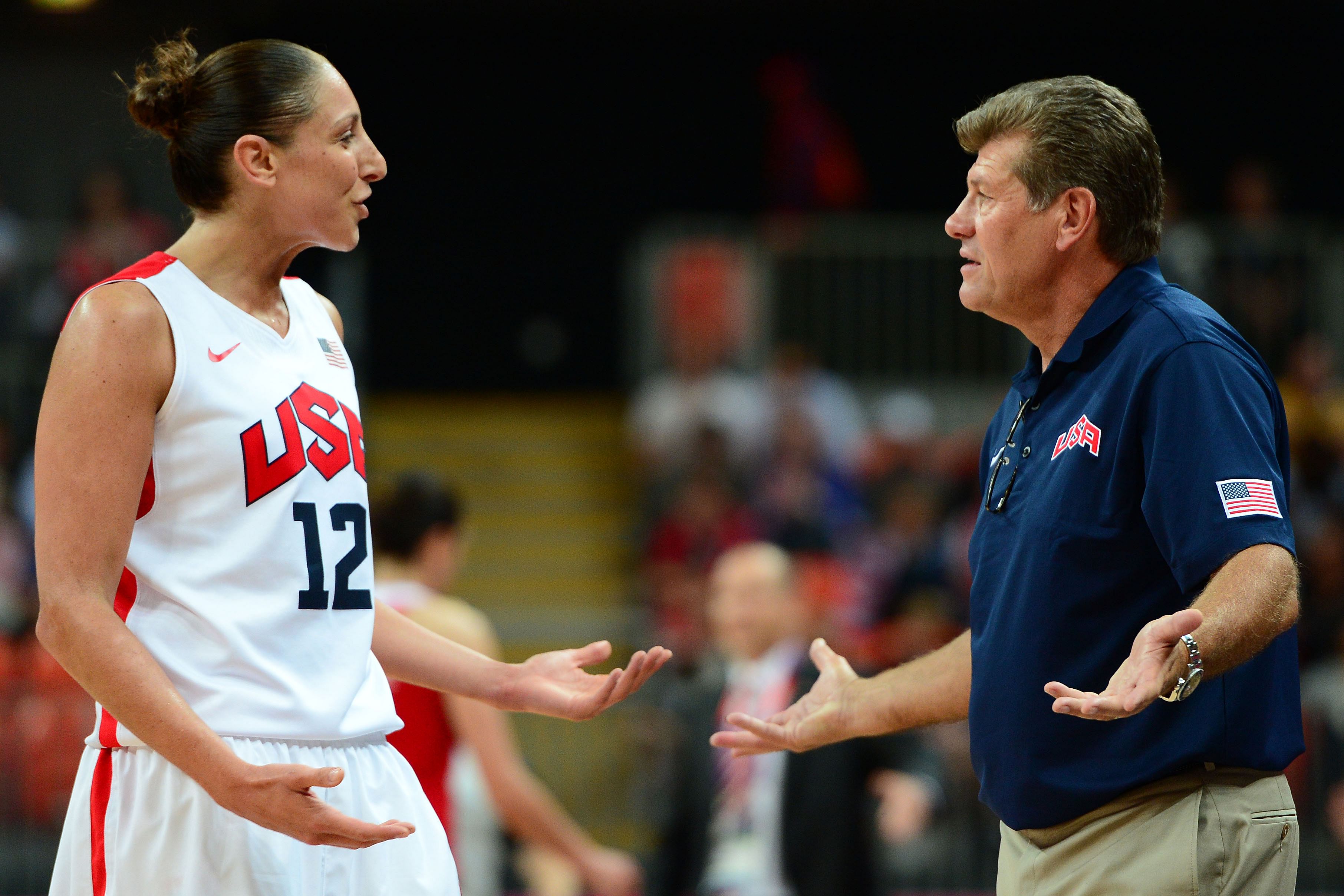 USA guard Diana Taurasi (12) and head coach Geno Auriemma (right) talk in the second half of their Group A game against Turkey during the 2012 London Olympics at Basketball Arena. Photo: Imagn