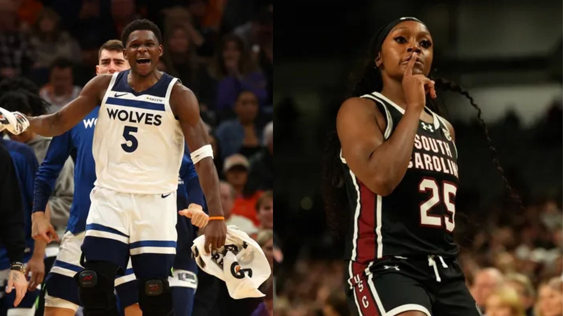 Minnesota Timberwolves star Anthony Edwards (left) and South Carolina Gamecocks player Raven Johnson | Credits: Mark J. Rebilas and Chris Jones (IMAGN)