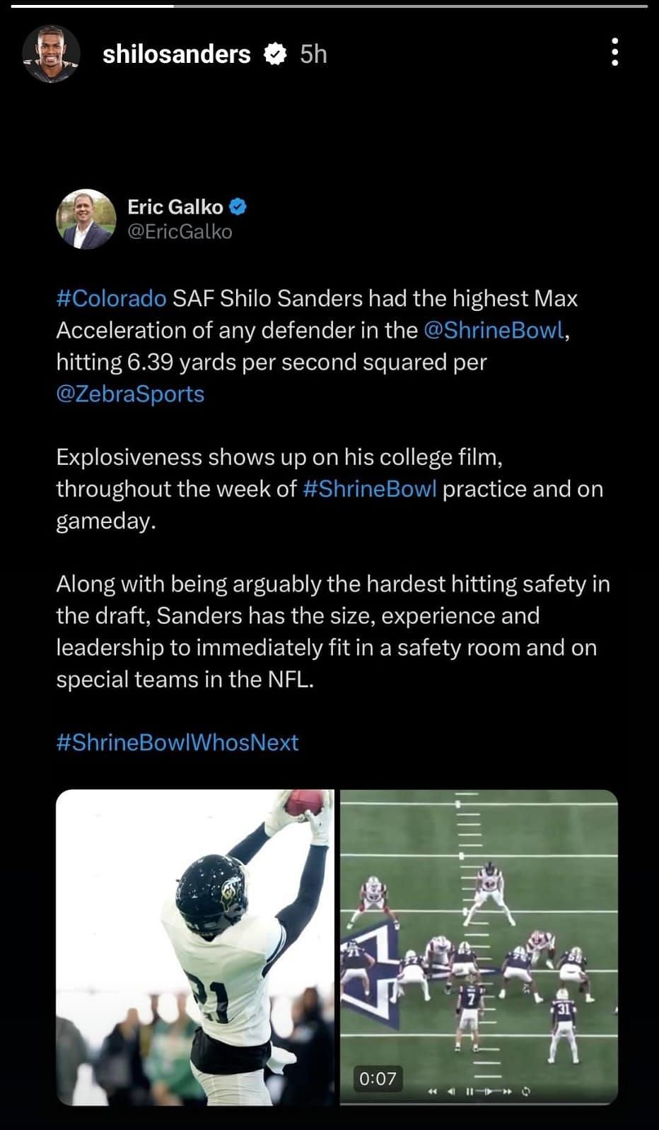 Shilo Sanders&#039; story (Source: @shilosanders/Instagram)