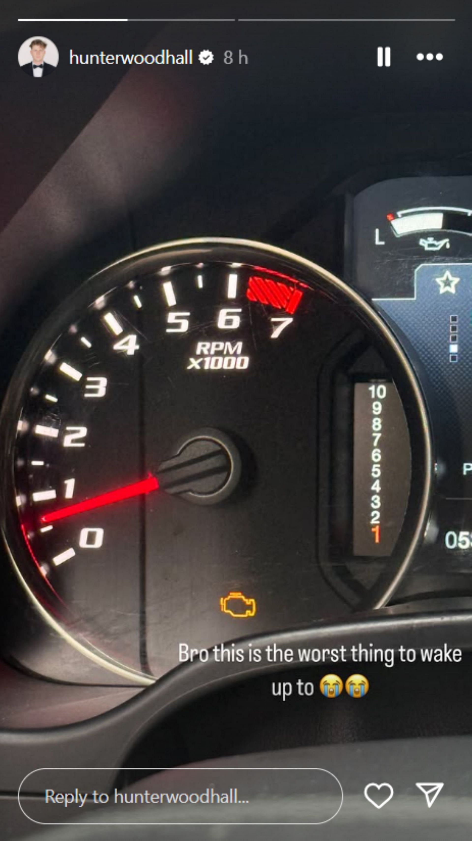 Hunter Woodhall shares a snap of his car&#039;s techometer; Instagram - @hunterwoodhall