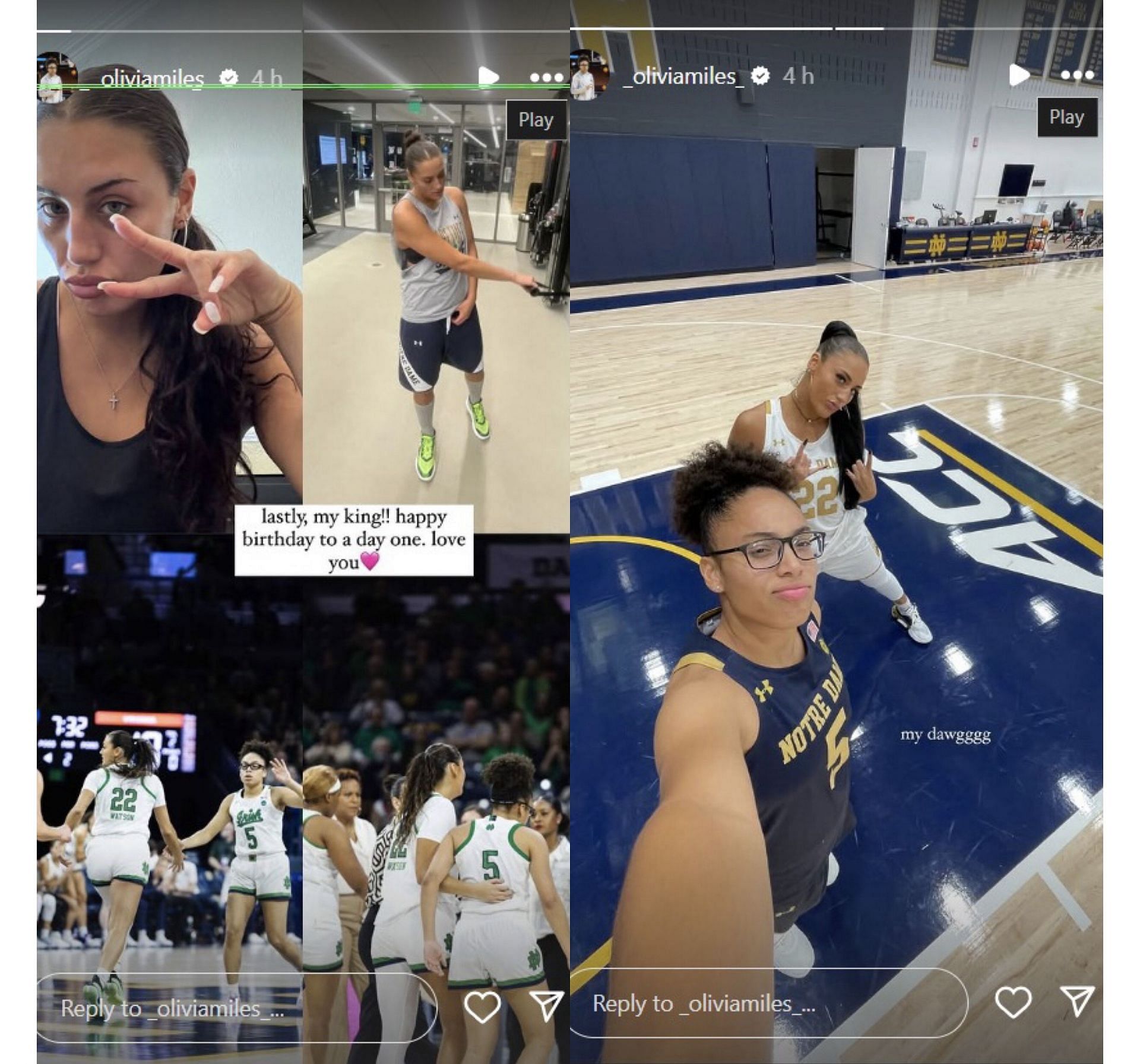 Notre Dame women&#039;s basketball star Olivia Miles wishes teammate Kylee Watson a happy birthday on IG story. Image via @_oliviamiles_