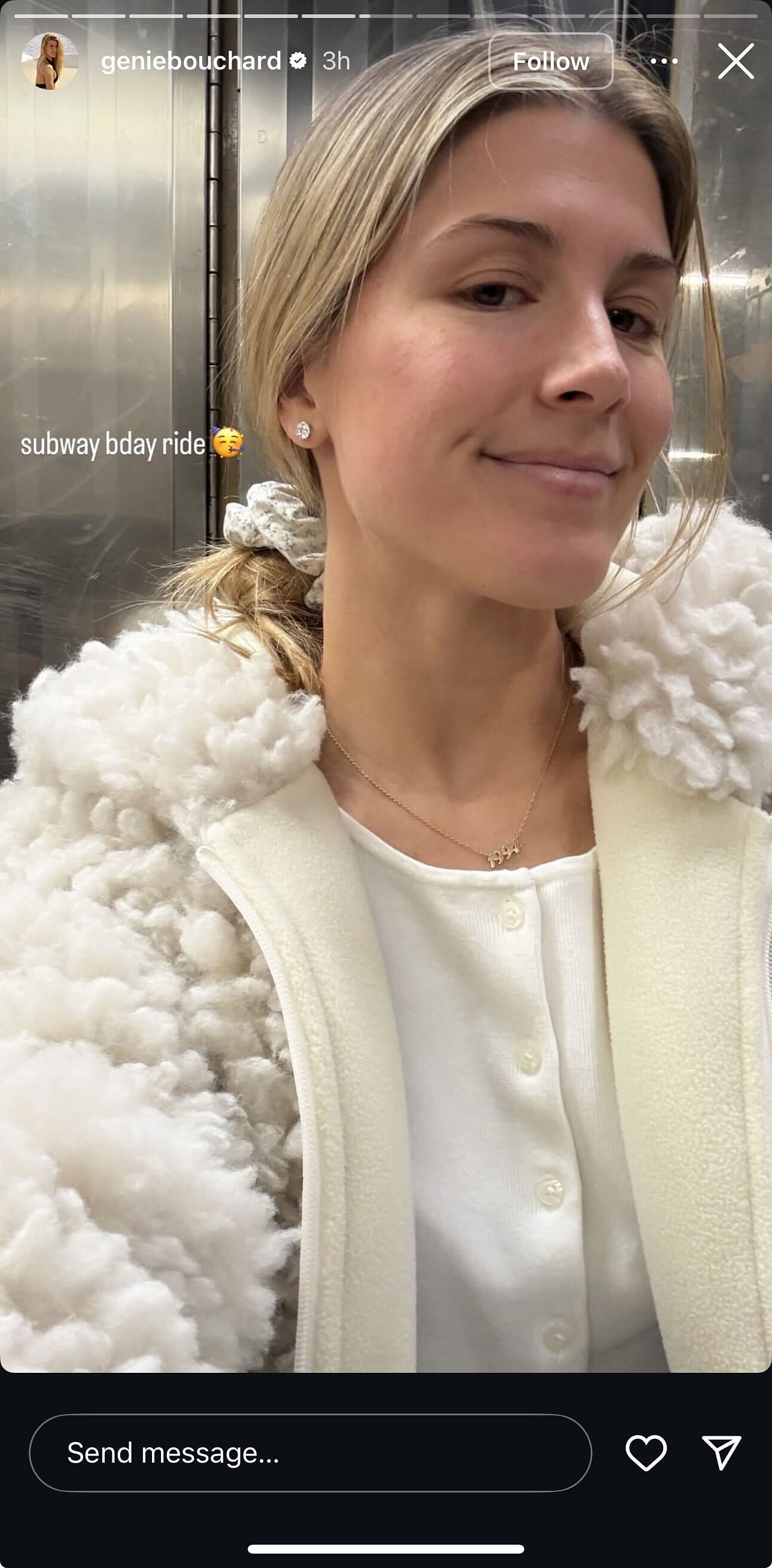 Bouchard taking a subway ride on her 31st birthday (Source: Instagram/geniebouchard)