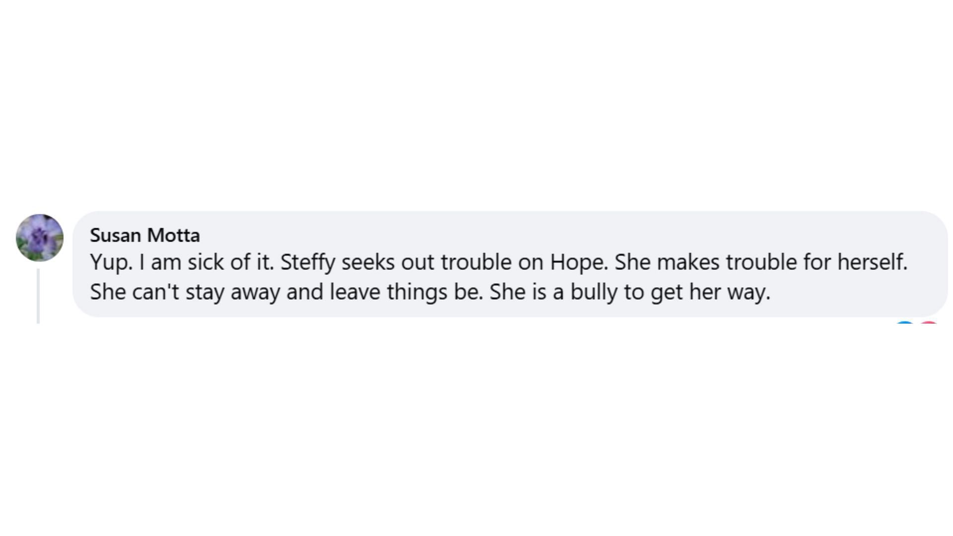 A comment on Steffy by a fan (Image via Facebook/@The Bold and the Beautiful)