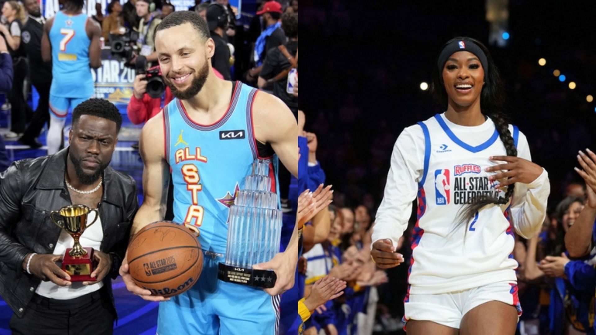 Kevin Hart poses with Stephen Curry of the Golden State Warriors after the 2025 NBA All Star Game at Chase Center, WNBA forward Rickea Jackson at All-Star Game. Photo Credit: Imagn