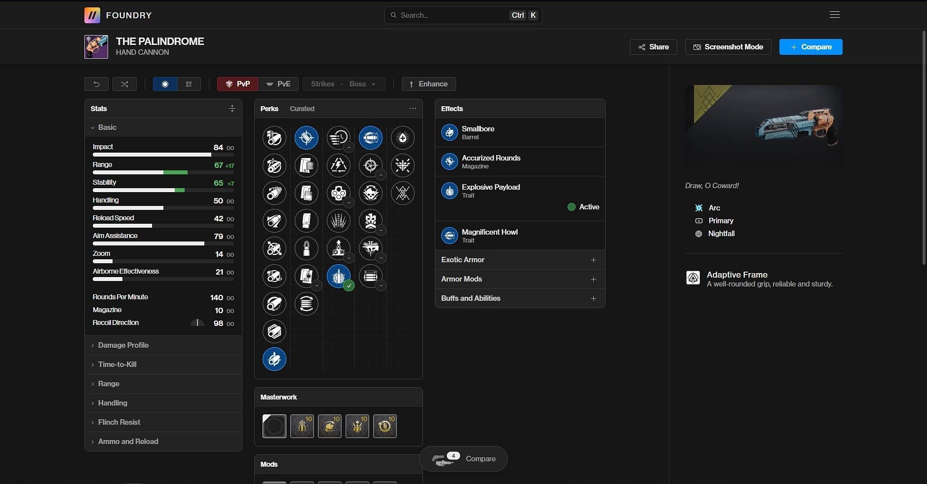 The Palindrome PvP god roll (Image via Bungie/Destiny Foundry)