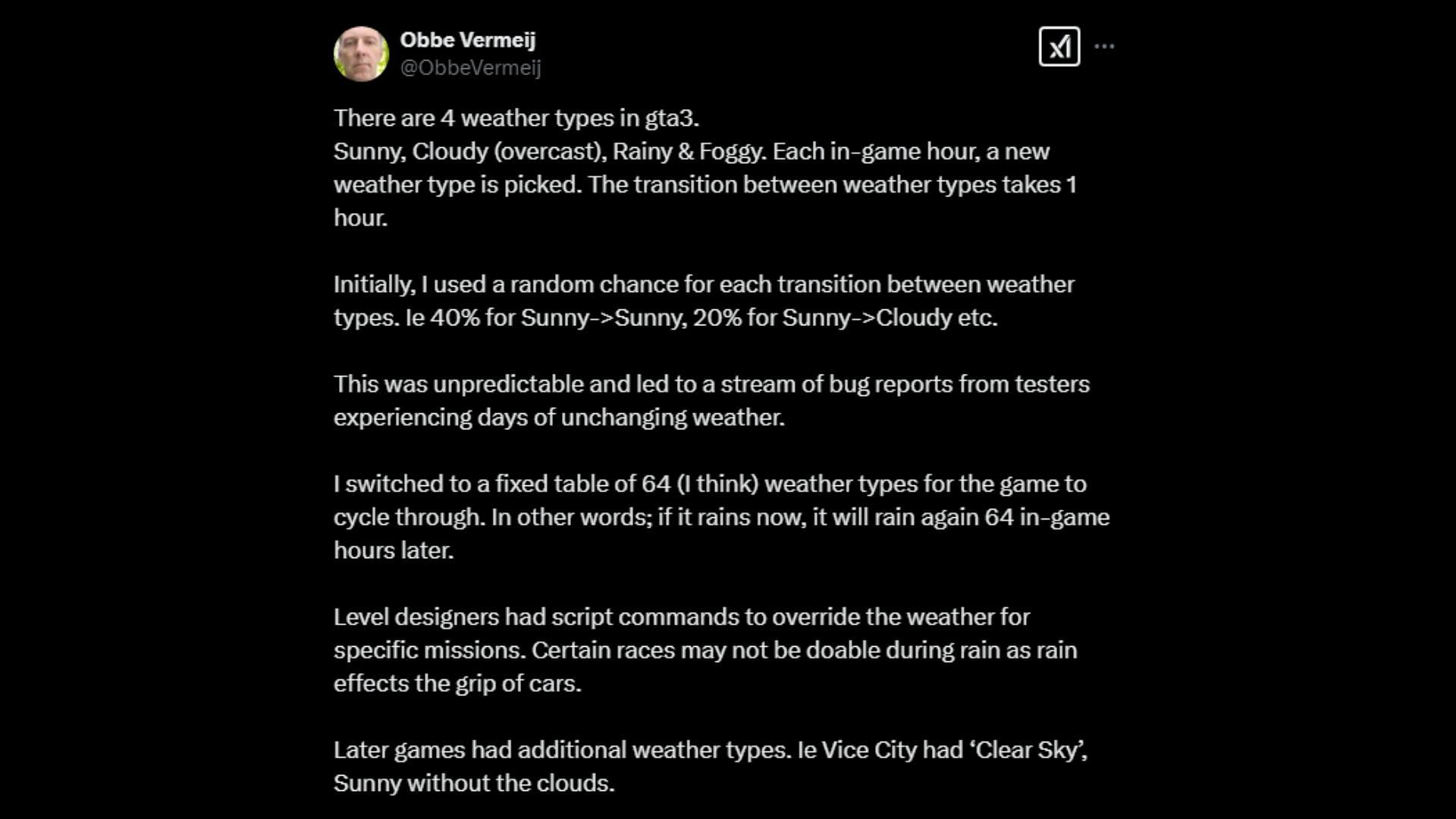 Obbe Vermeij&#039;s tweet about Grand Theft Auto 3&#039;s weather cycle development (Image via X/@ObbeVermeij)