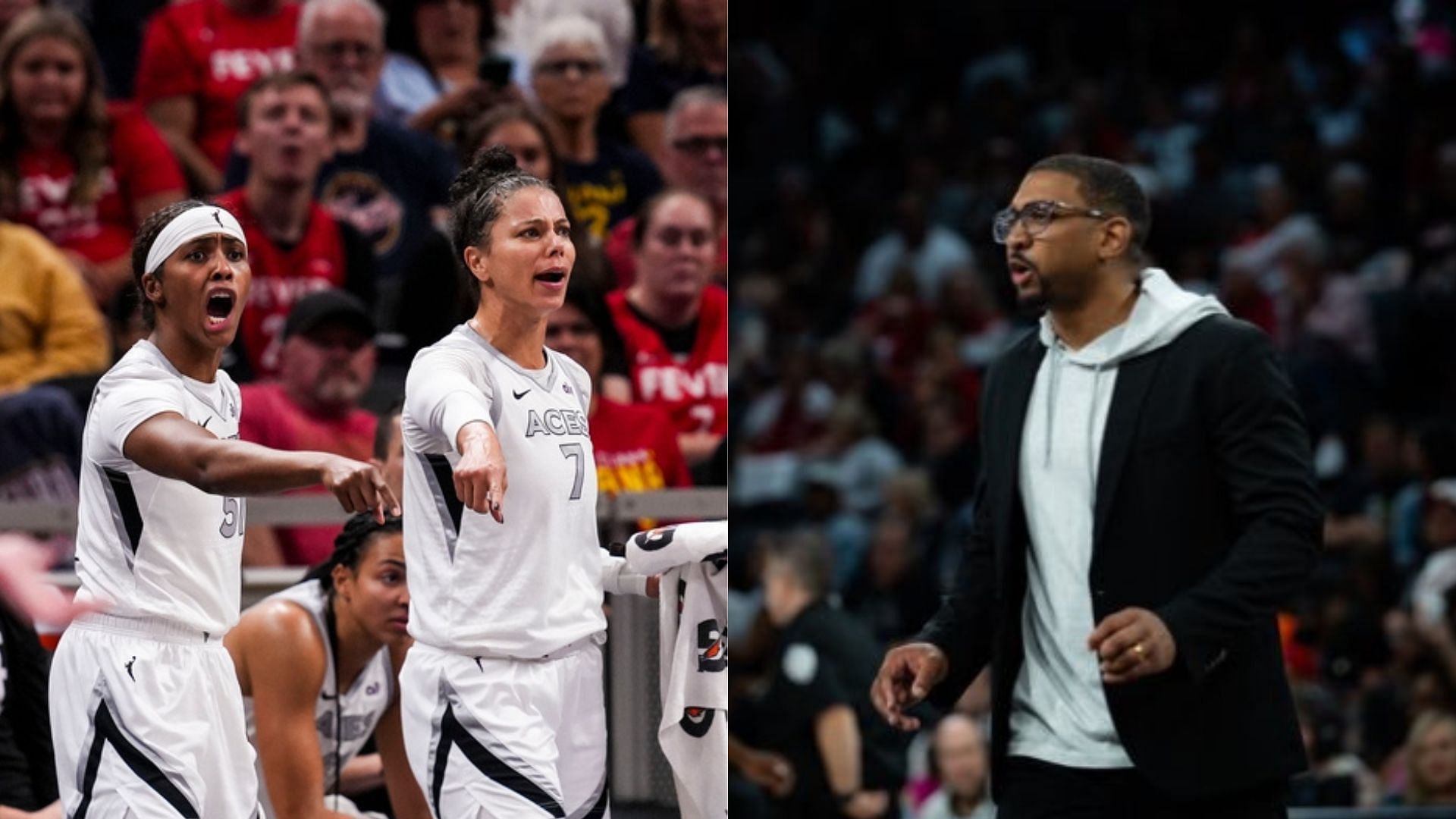 Sydney Colson and Alysha Clark during a game at Gainbridge Fieldhouse, Chicago Sky head coach Tyler Marsh during a game. Photo Credits: Imagn, Tyler Marsh