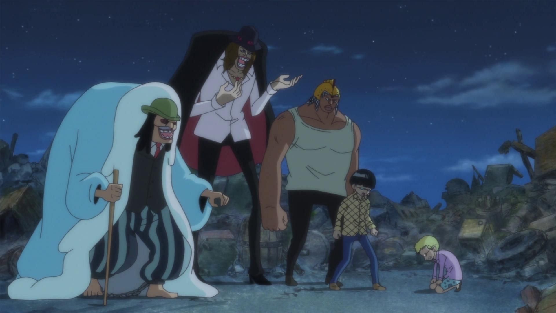 Trebol, Pica, Vergo, and Diamante with Doflamingo in the One Piece anime (Image via Toei Animation)