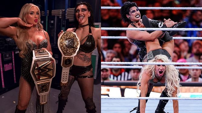 Rhea Ripley reacts after Charlotte Flair confronts Tiffany Stratton on WWE SmackDown and calls her a "child"
