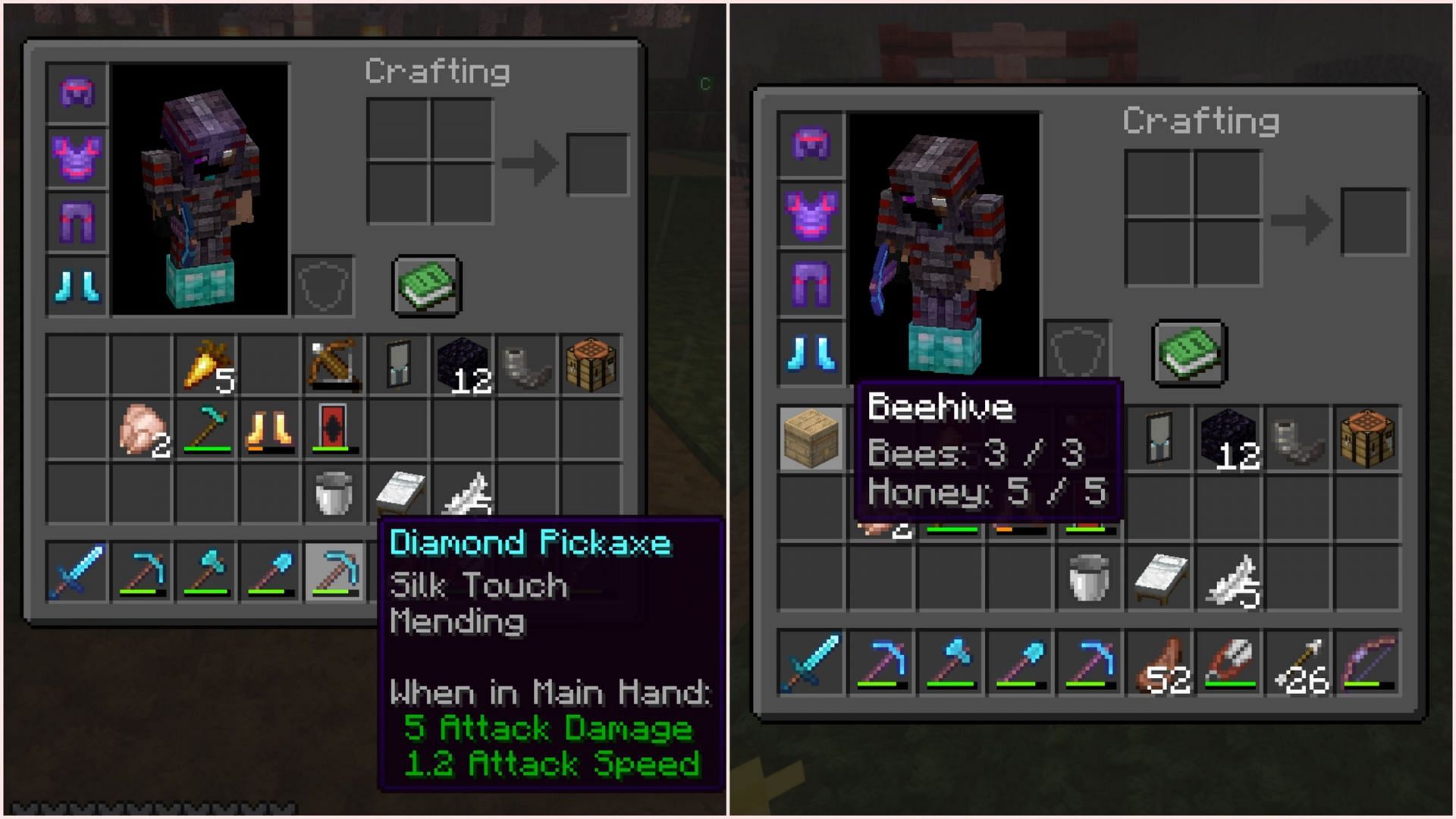 A beehive can be obtained as a block with bees inside it using silk touch (Image via Mojang Studios)