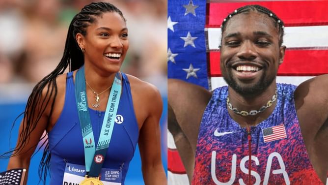 Tara Davis-Woodhall reacts to an official 'mocking' Noah Lyles at New Balance Indoor Grand Prix
