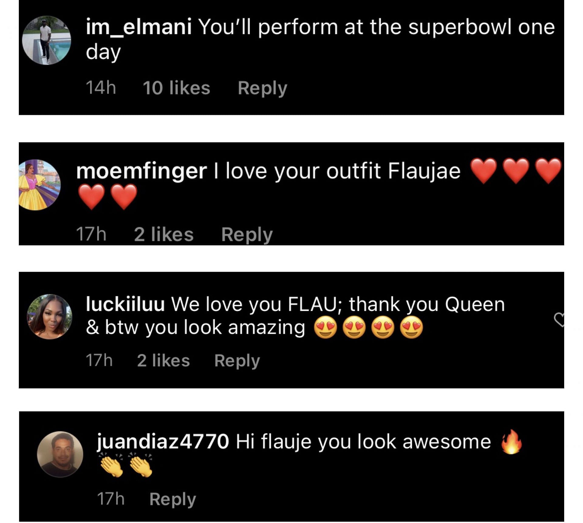 Fans react to Flau&#039;jae Johnson&#039;s Super Bowl outfit on IG. Image via @flaujae