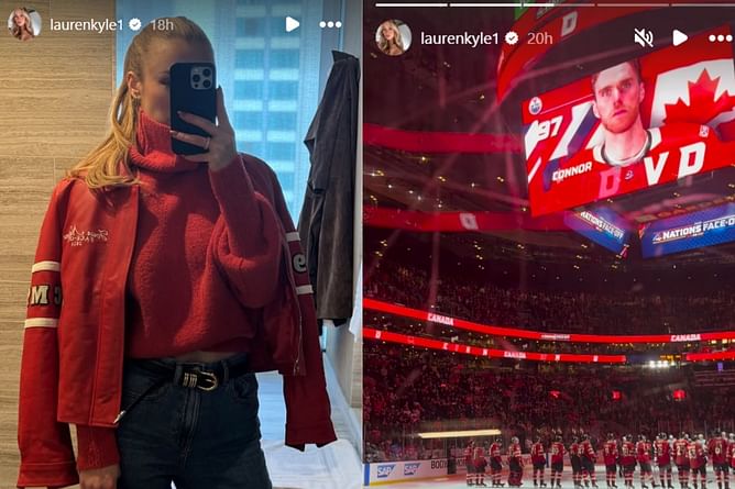 Connor McDavid's wife Lauren Kyle shows off Team Canada jacket & luxe $4,657 Christian Dior bag during do-or-die 4 Nations game