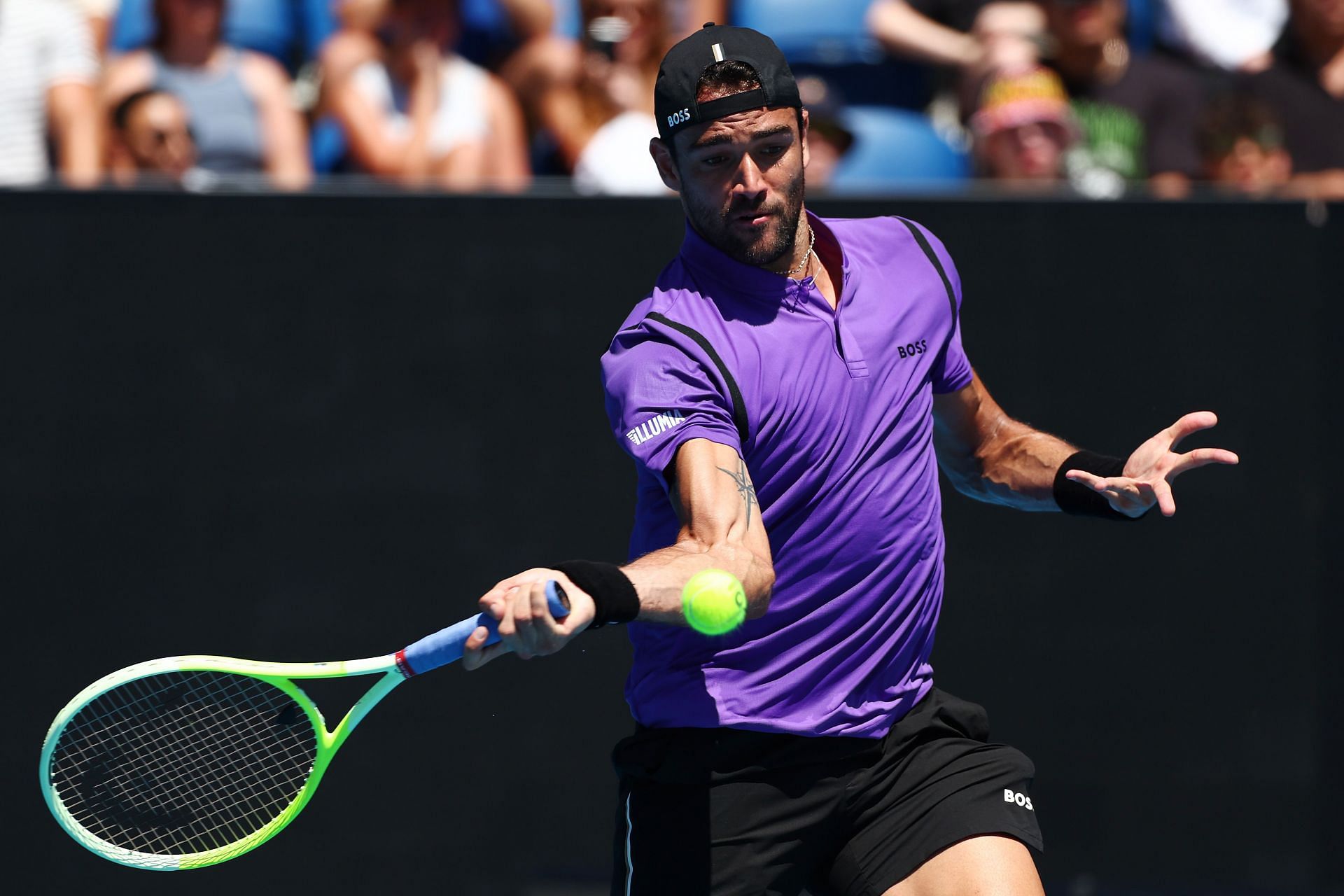 Berrettini plays a forehand in the 2025 Australian Open - Day 3 - Source: Getty