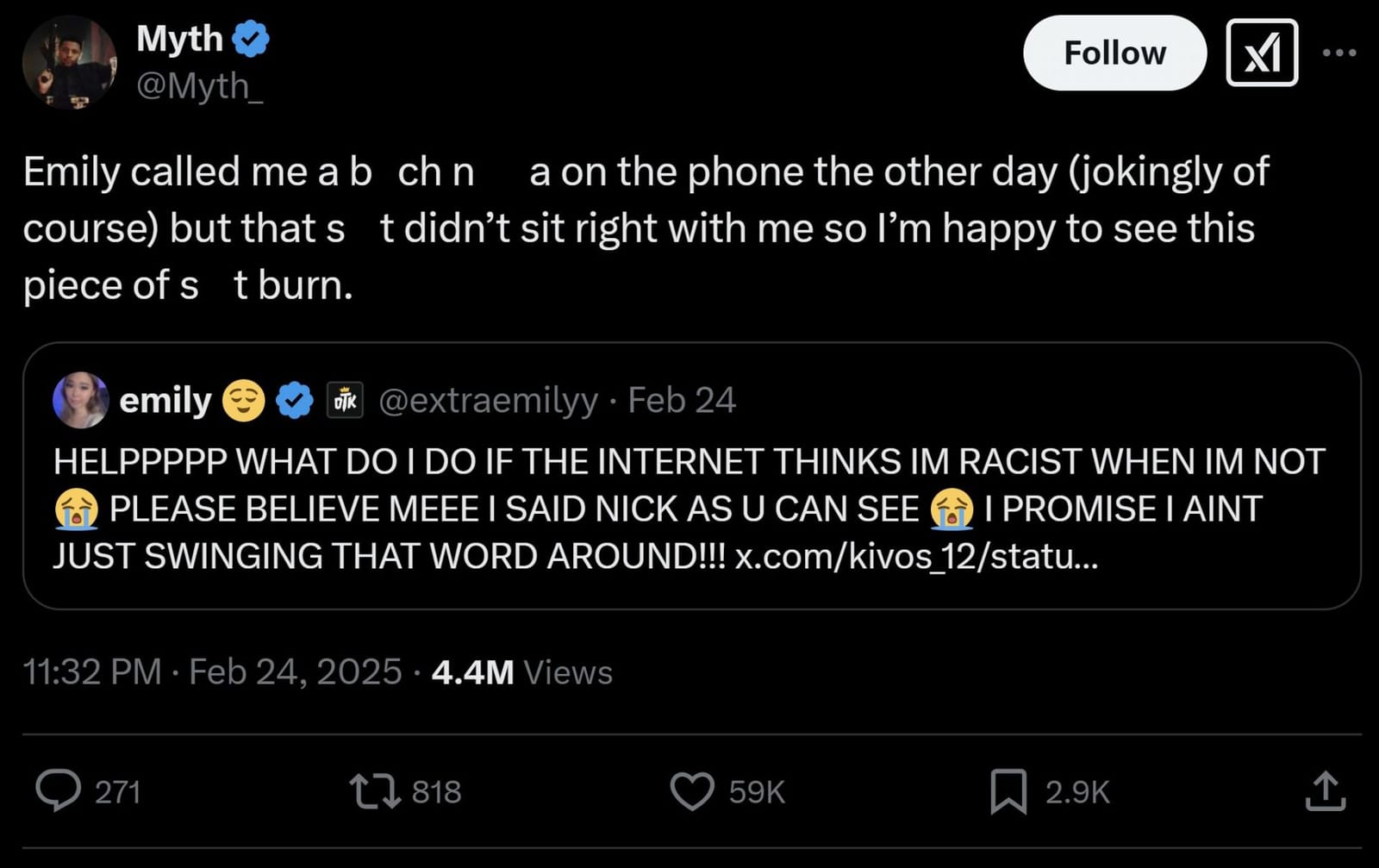"Emily called me a b**ch n***a" Myth comments on ExtraEmily alleged N