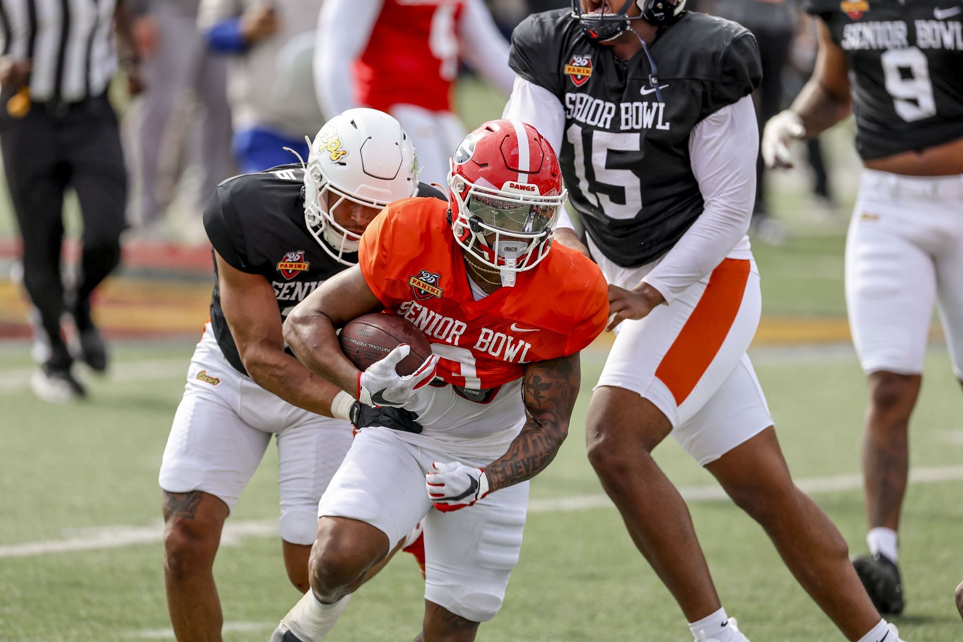 Trevor Etienne at Reese&#039;s Senior Bowl 2025 - Practice - Source: Getty