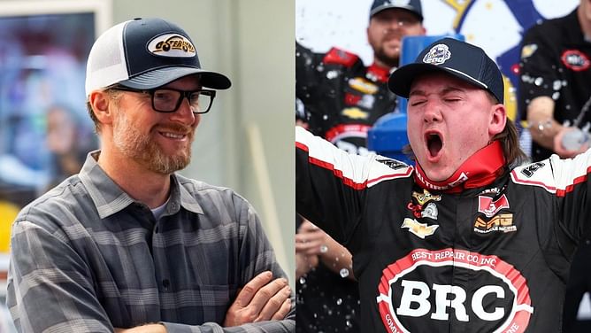 Dale Earnhardt Jr. congratulates Brenden ‘Butterbean’ Queen on winning the Daytona ARCA race