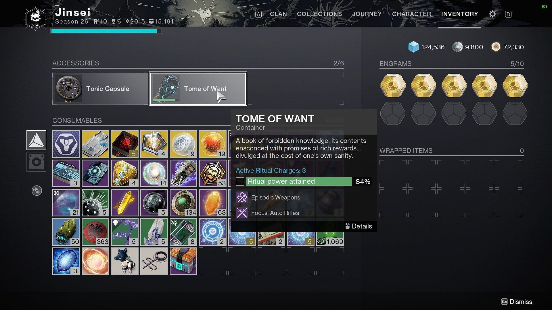 Ritual progress on the Tome of Want in Destiny 2 (Image via Bungie)