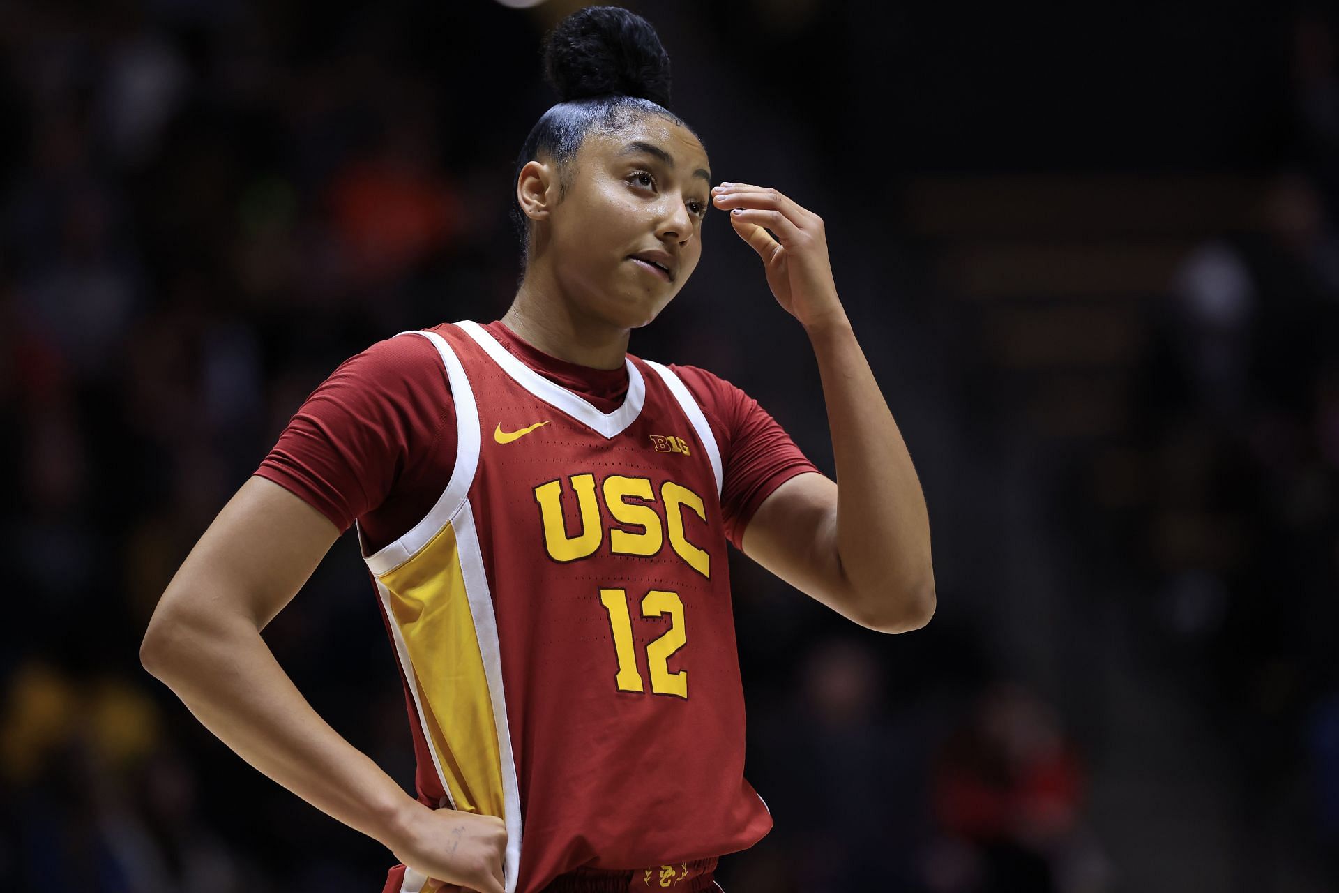 JuJu Watkins (#12) of the USC Trojans looks on against the Purdue Boilermakers during the second half at Mackey Arena on January 22, 2025. Photo: Getty