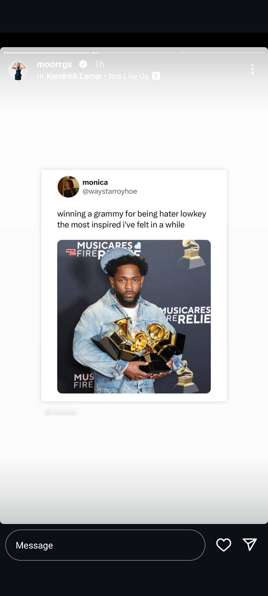 Morgan Riddle reacts to Kendrick Lamar winning at the Grammys, (Source: Instagram/@moorrgs)