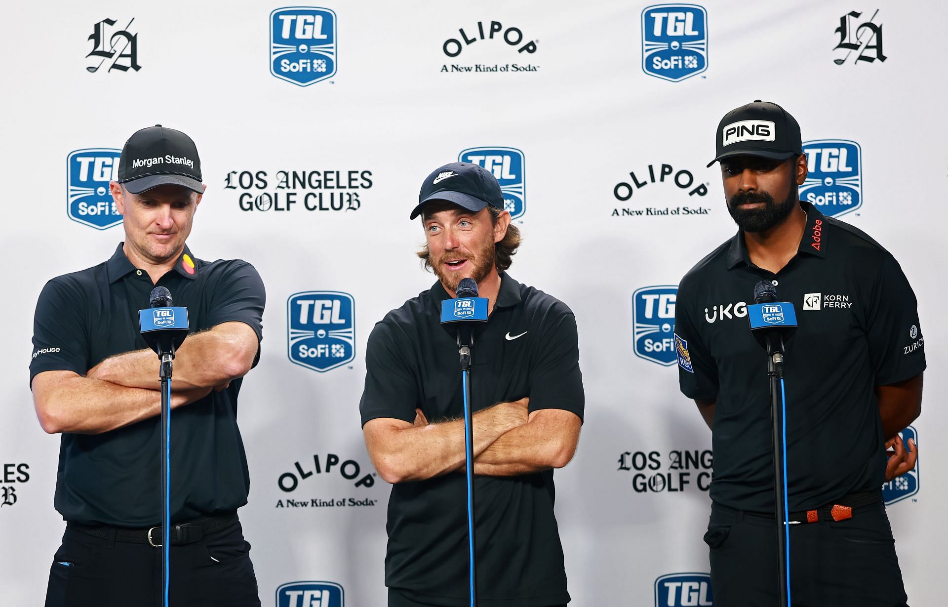 Justin Rose, Tommy Fleetwood, and Sahith Theegala are in TGL&#039;s LAGC (Image source: Getty)