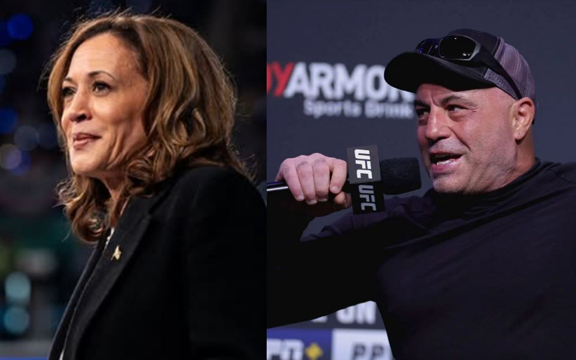 Joe Rogan (right)  talks about not being able to have Kamala Harris (left) On his show. [Image courtesy: getty Images and @ kamalaharris on Instagram]