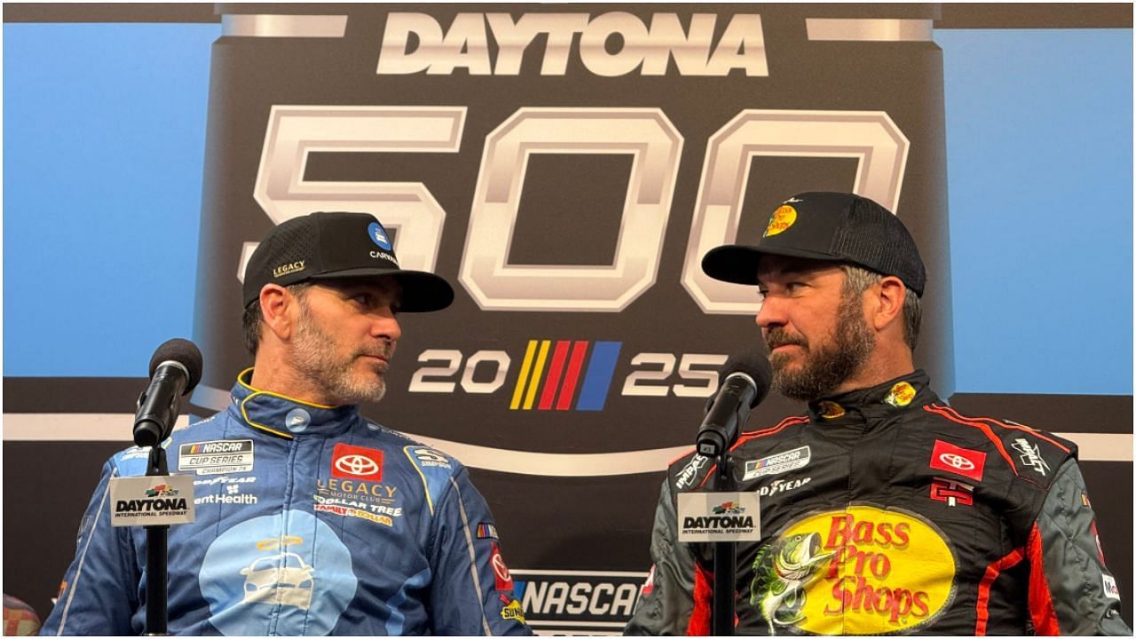 Former NASCAR Cup Series champions (L) Jimmie Johnson and (R) Martin Truex Jr.  Source - X(@zachstur)