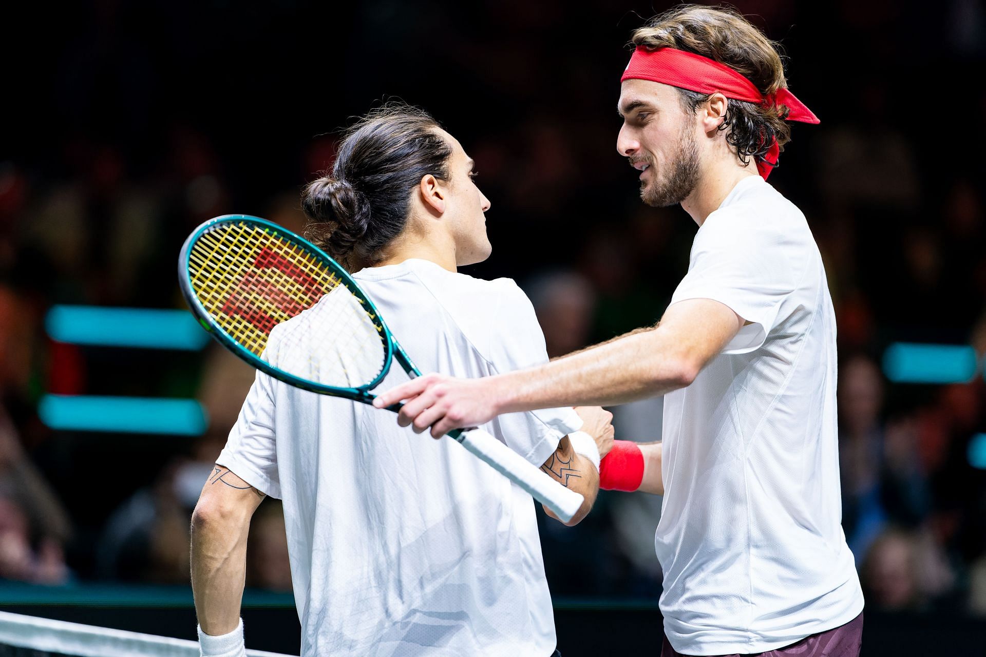 Stefanos Tsitsipas (R) pictured with Mattia Bllucci at the 2025 ABN AMRO Open in Rotterdam - Image Source: Getty