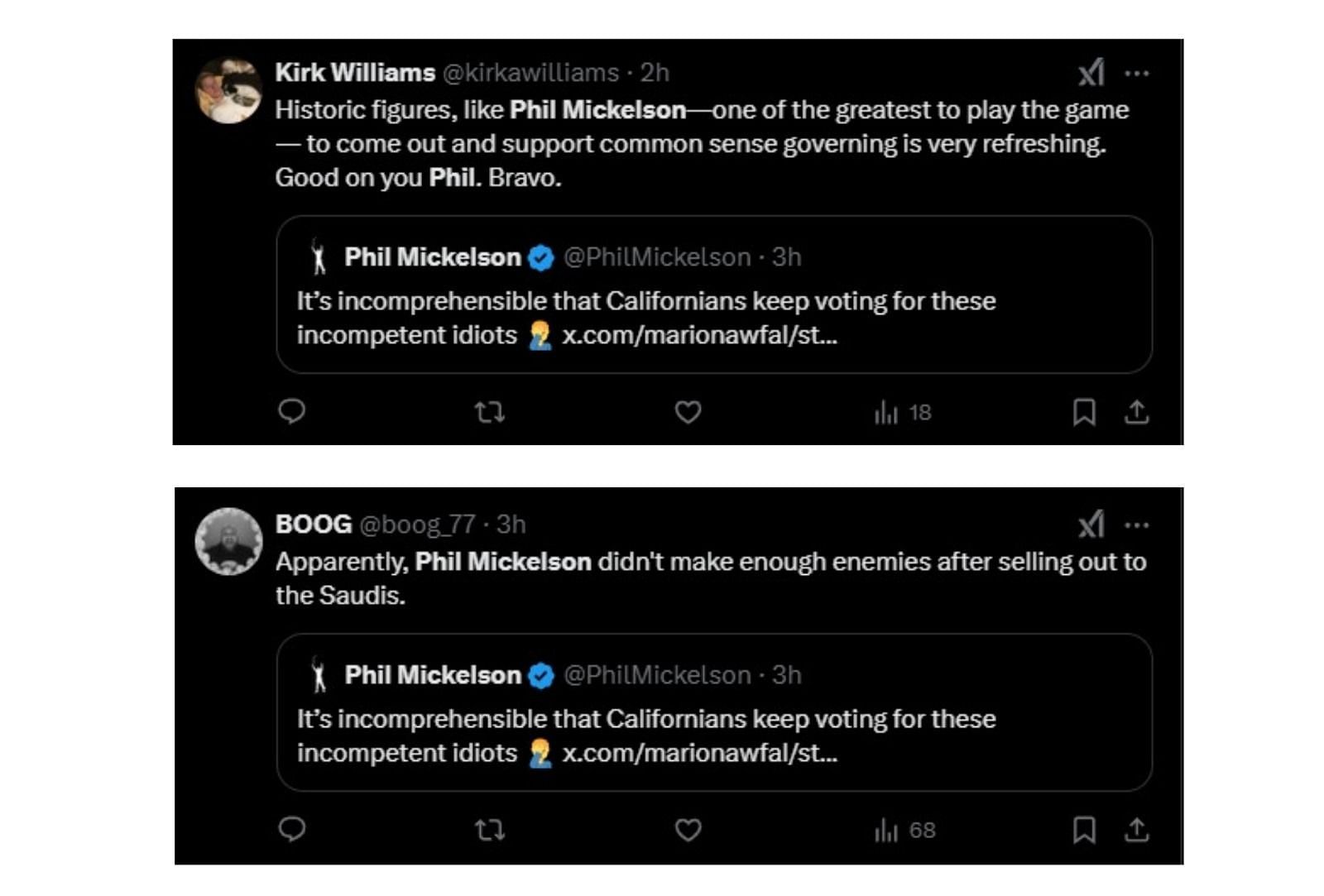 Phil Mickelson&#039;s now-deleted tweet reposted by some X users - Source: via @boog_77 and @kirkawilliams on X