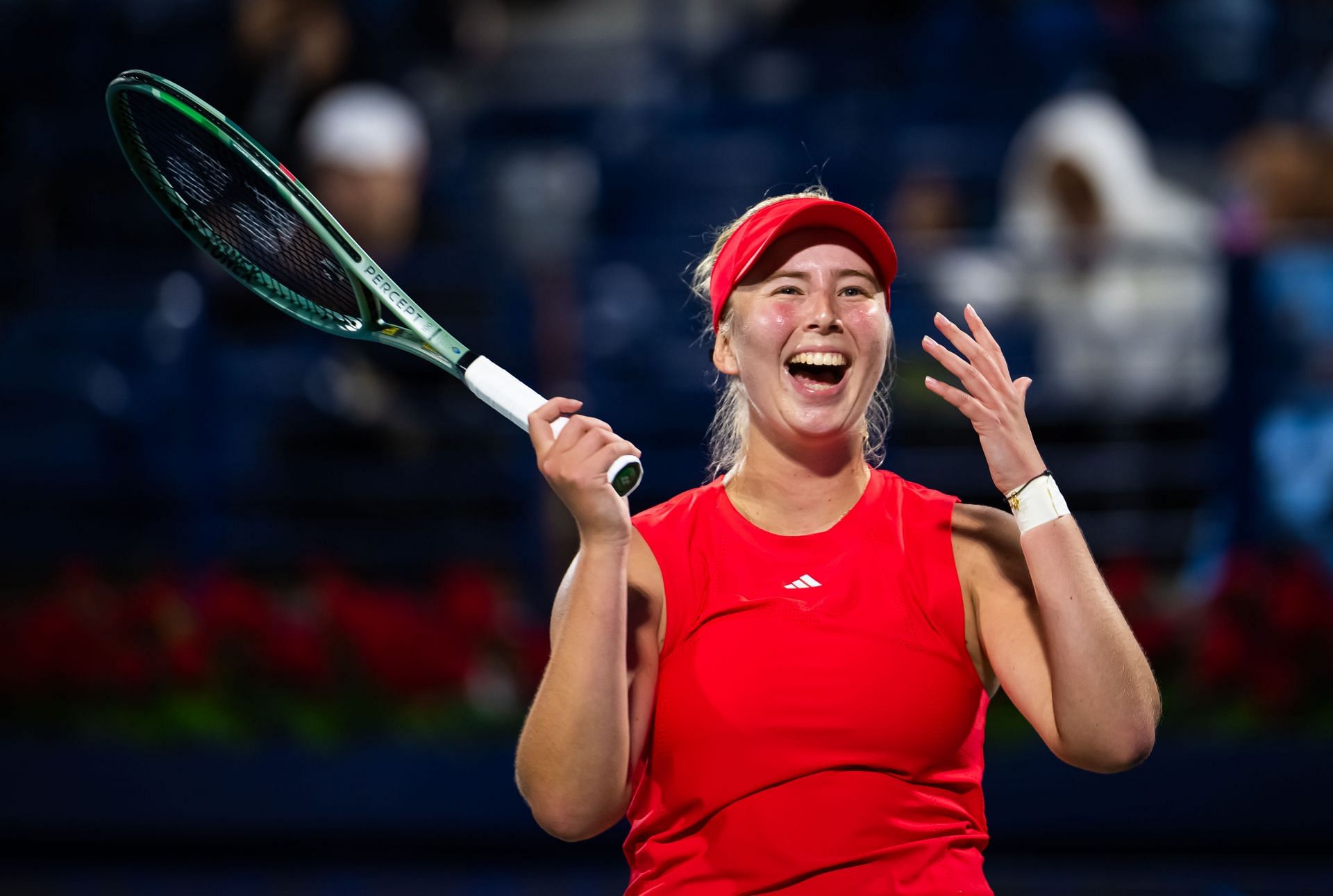 Clara Tauson of Denmark reacts to converting match point against Karolina Muchova of the Czech Republic in the semi-final on Day Six of the Dubai Duty Free Tennis Championships - Source: Getty