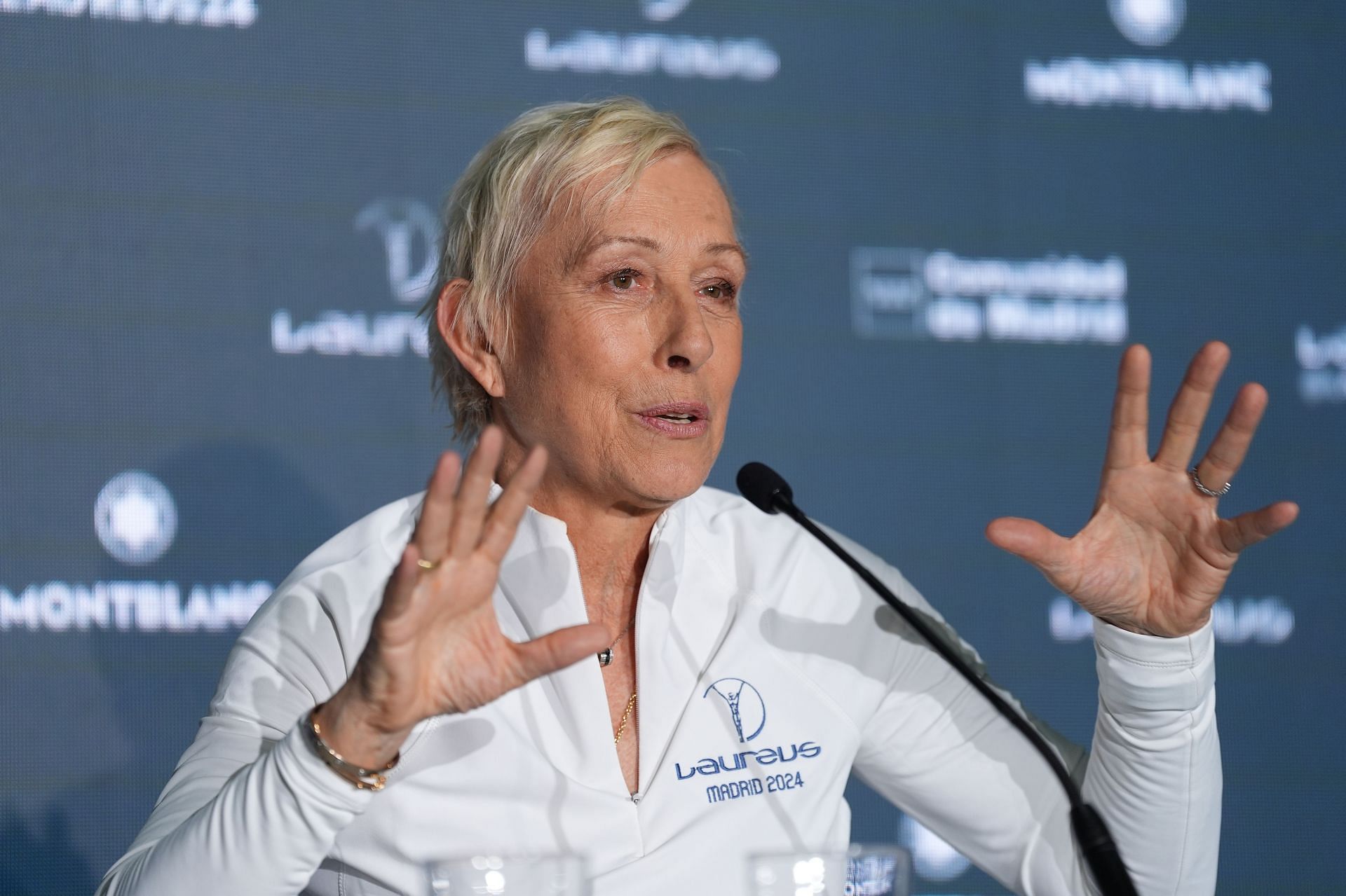 Martina Navratilova pictured speaking at a press conference [Image Source: Getty Images]