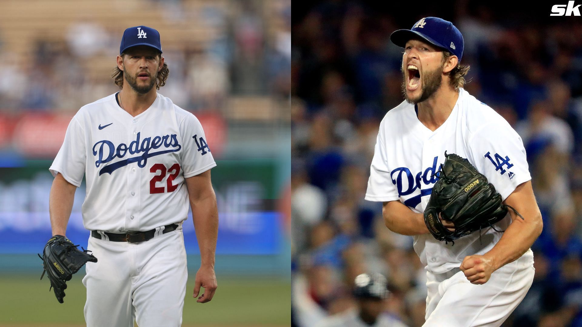 Clayton Kershaw of the Los Angeles Dodgers reacts as he leaves the mound at the end of the first inning against the San Francisco Giants at Dodger Stadium (Source: Getty)