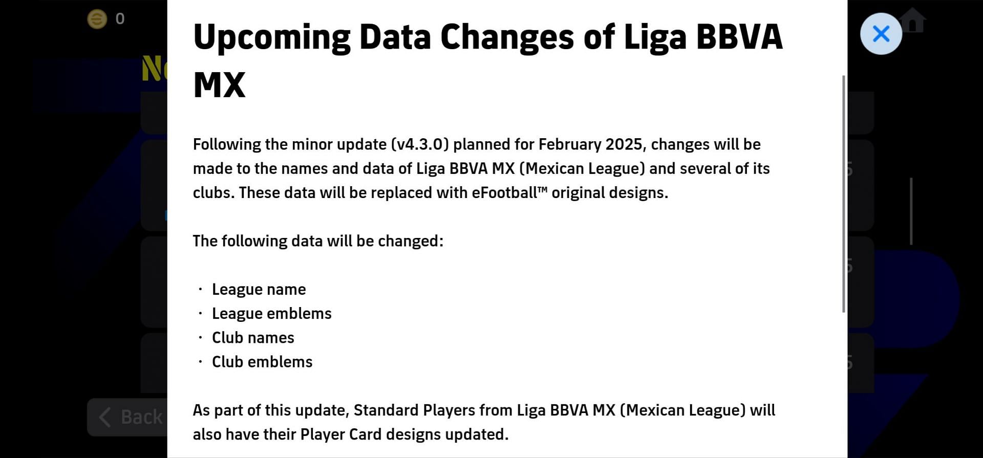 In-game announcement of Liga BBVA MX data changes that will be effective after the February 20 eFootball server maintenance (Image via Konami)