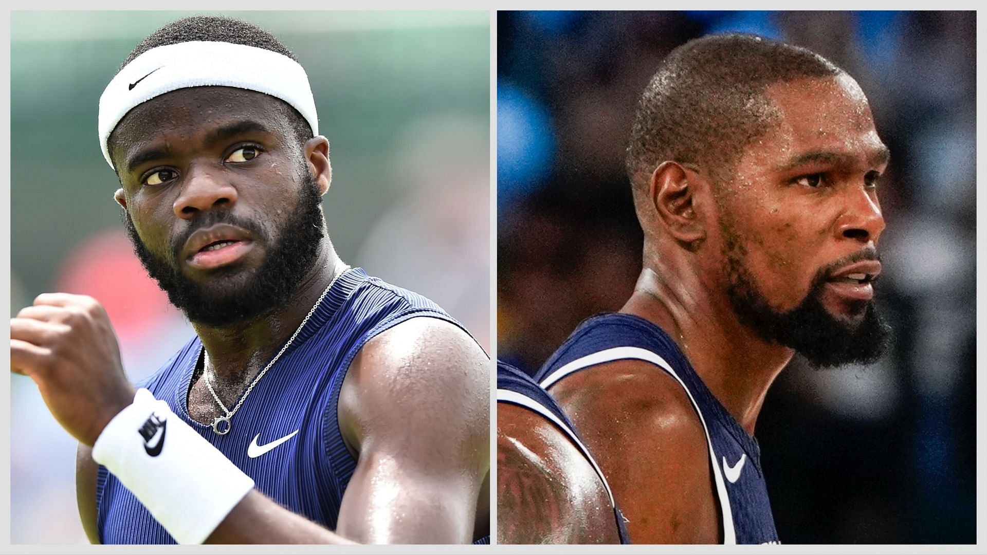 Frances Tiafoe (L) reacts to Kevn Durant