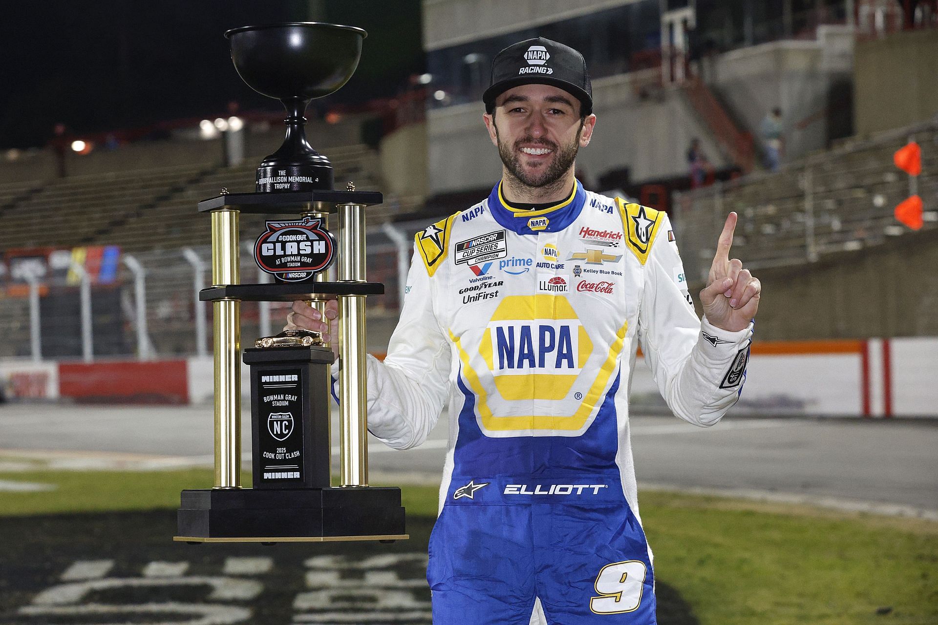 Chase Elliott, driver of the #9 NAPA Auto Parts Chevrolet celebrates with the Cook Out Clash at Bowman Gray Stadium trophy - Source: Getty Images