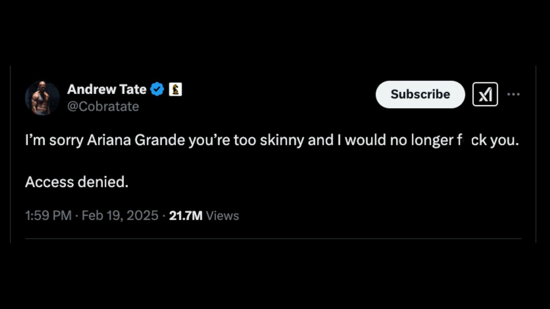 Tate&#039;s comment on Grande (Image via X/@Cobratate)