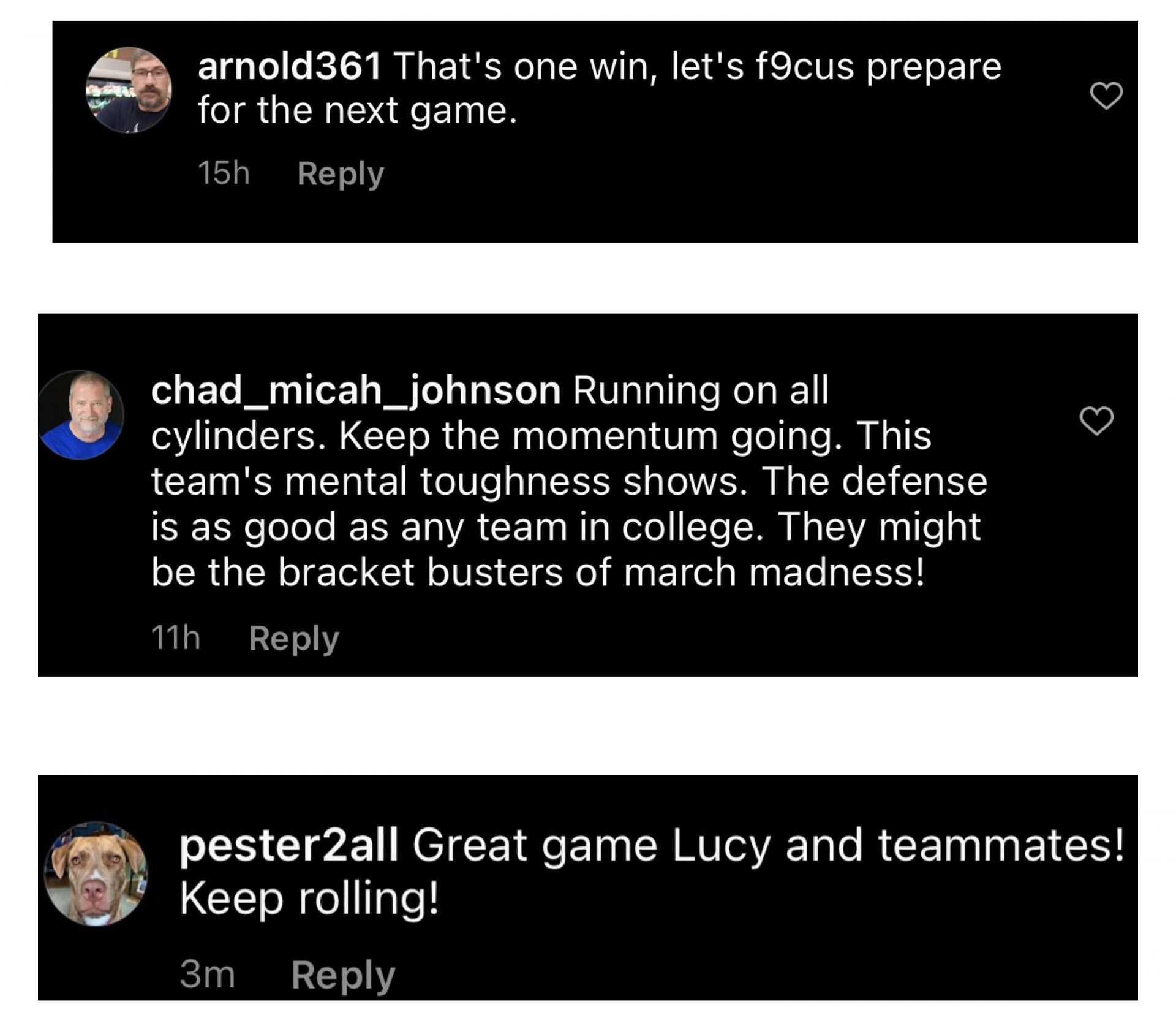 Fans react to Lucy Olsen&#039;s Iowa win vs Nebraska on IG. Image via @iowawbb