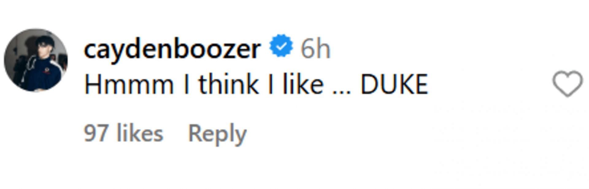 Cayden Boozer comments on post regarding Nate Ament possibly choosing Duke University for college (Source: Instagram/ swishcultures)