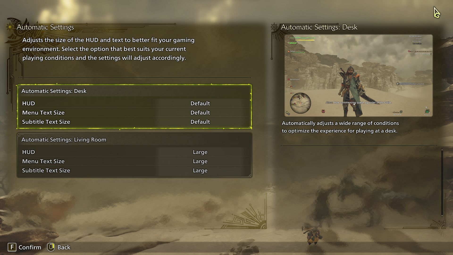 Hover to Automatic Settings in MH Wilds (Image via Capcom)