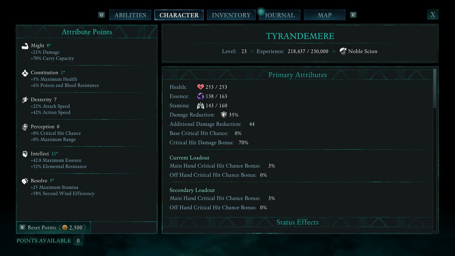 Your stats as a Spellsword in Avowed should look similar to these (Image via Xbox Game Studios)