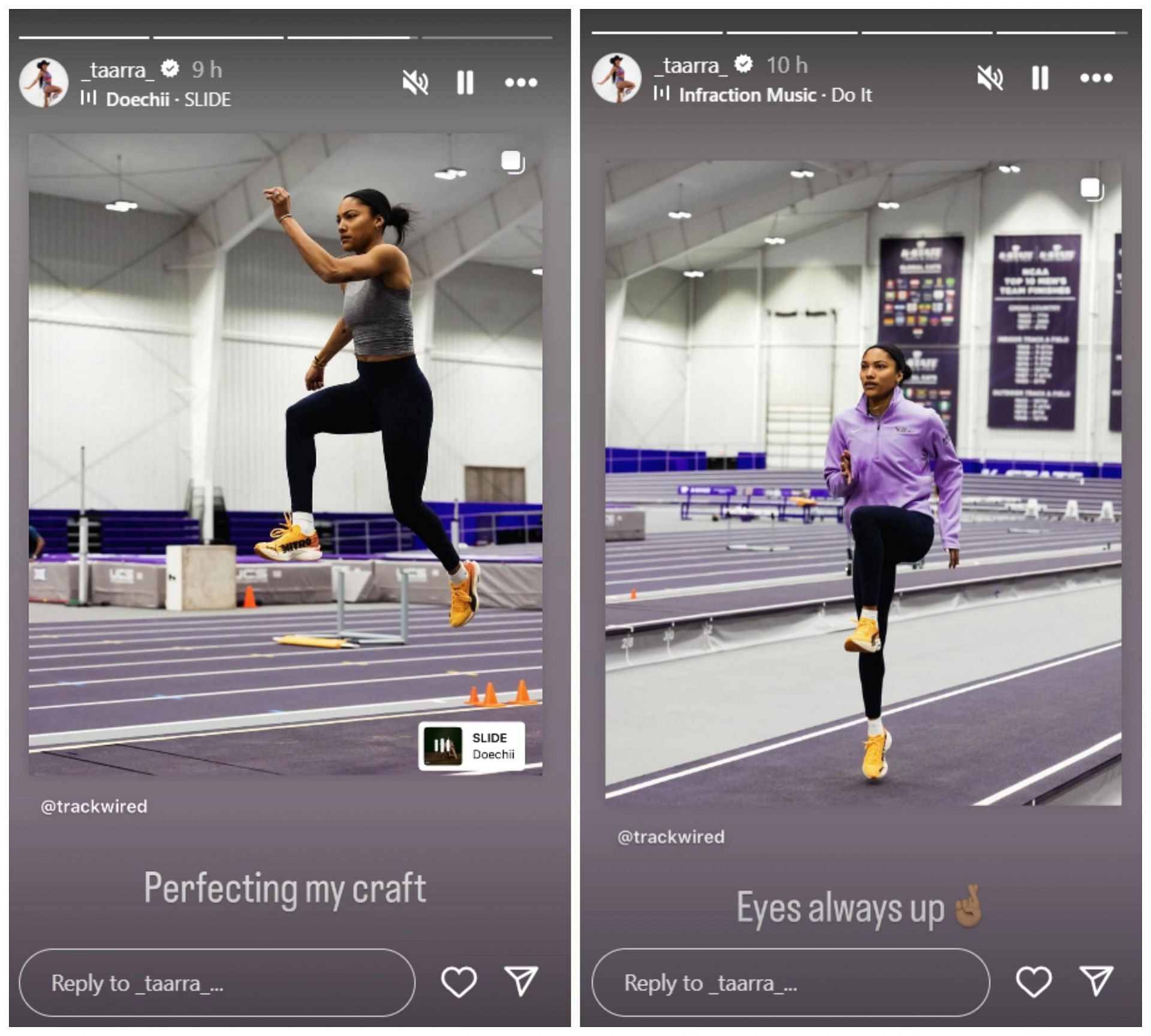 Tara Davis-Woodhall posts about her 1st short jump session; Instagram - @_taarra_