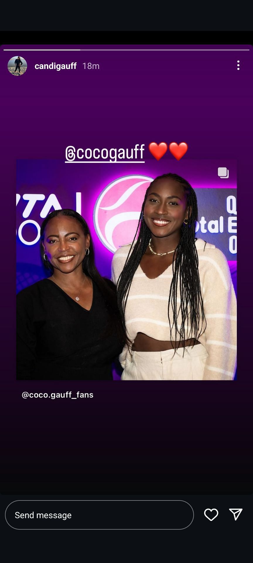 Candi Gauff (left) and Coco Gauff (right) at the 2025 Qatar TotalEnergies Open player party (Source: Instagram/Candi Gauff)