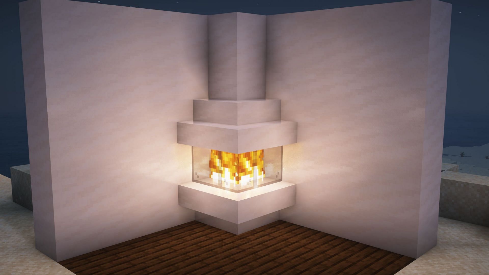 Corner fireplace can be made in modern houses using smooth quartz blocks (Image via Mojang Studios)