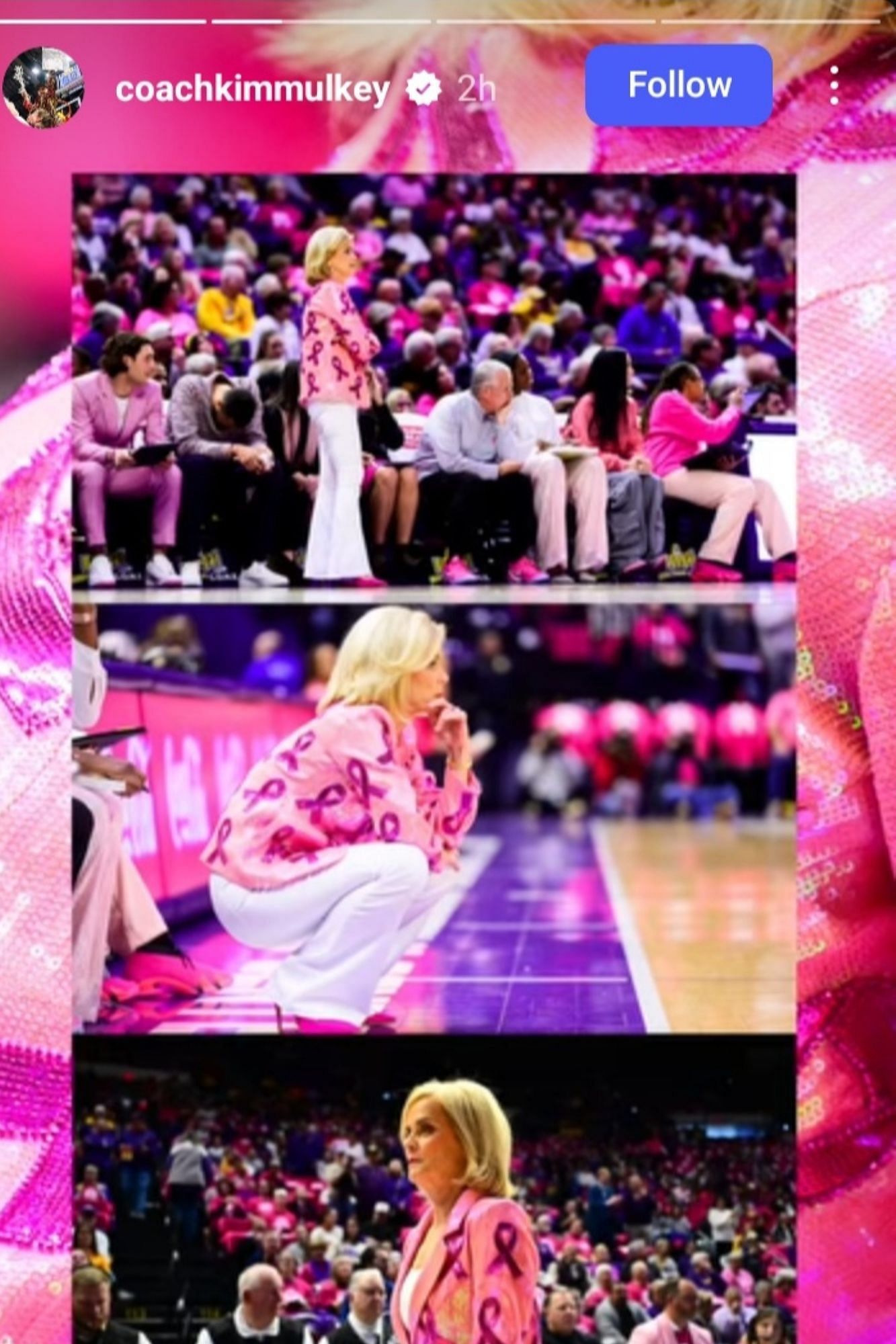 Kim Mulkey gives a shout-out to the clothing brand with snaps of herself in a sparkly pink jacket from LSU vs Georgia (Images via Instagram/@coachkimmulkey)