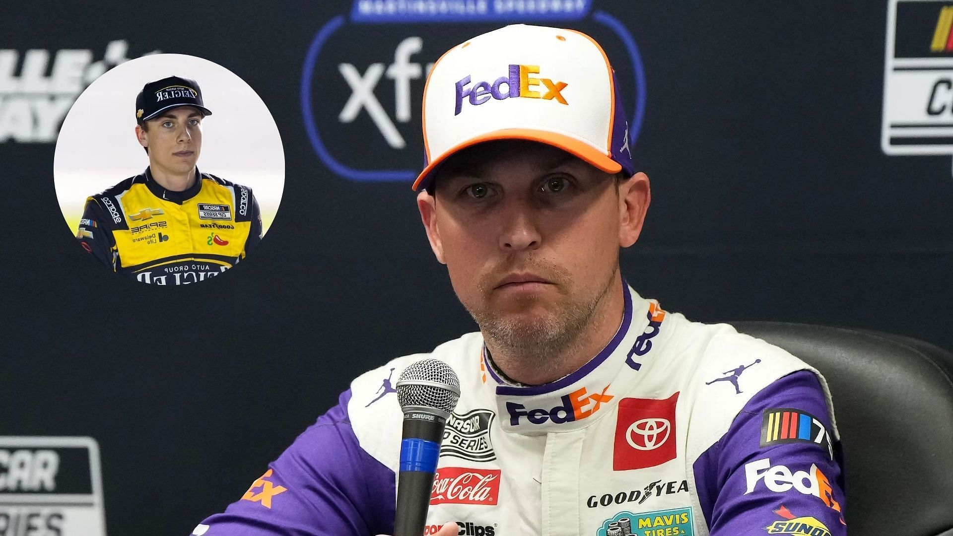 Denny Hamlin gives a reality check to Carson Hocevar (Image: Imagn)