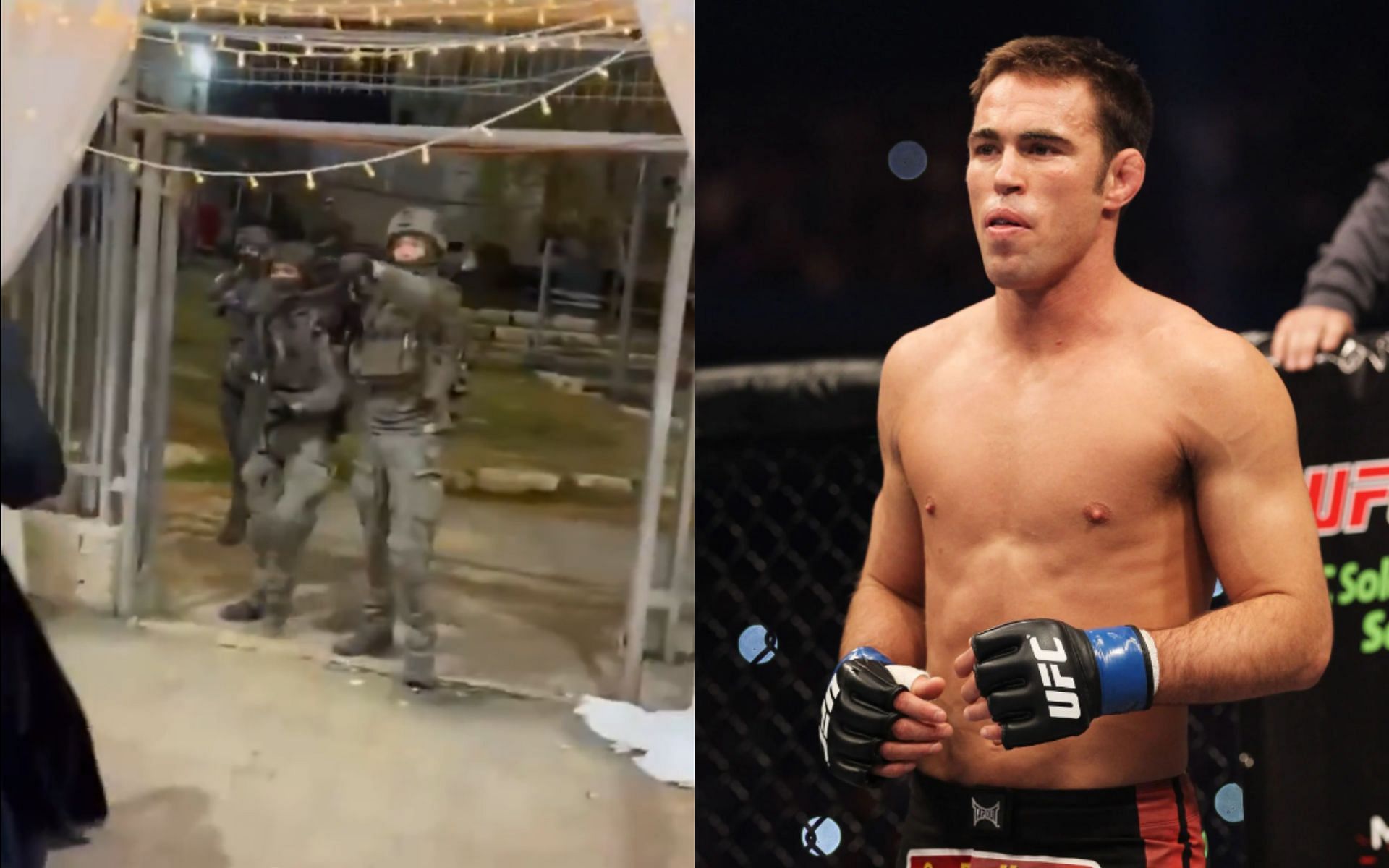 UFC Vetran Jake Shields (right) reacts to a viral video of Israeli forces. [Image courtesy: @QudsNen on X and Getty Images]