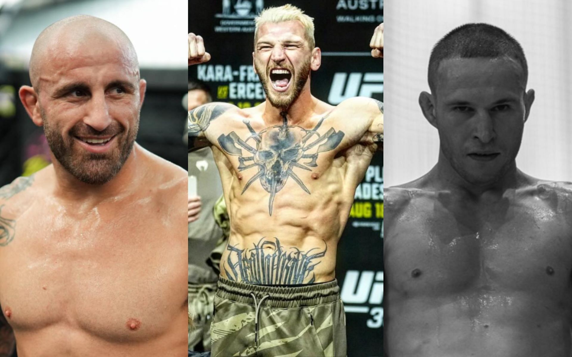 Dan Hooker (middle) drops hints on the upcoming fights of Alexander Volkanovski (left) and Kai Kara-France (right). [Image credit: @danhangman, @alexvolkanovski, @kaikarafrance on Instagram]