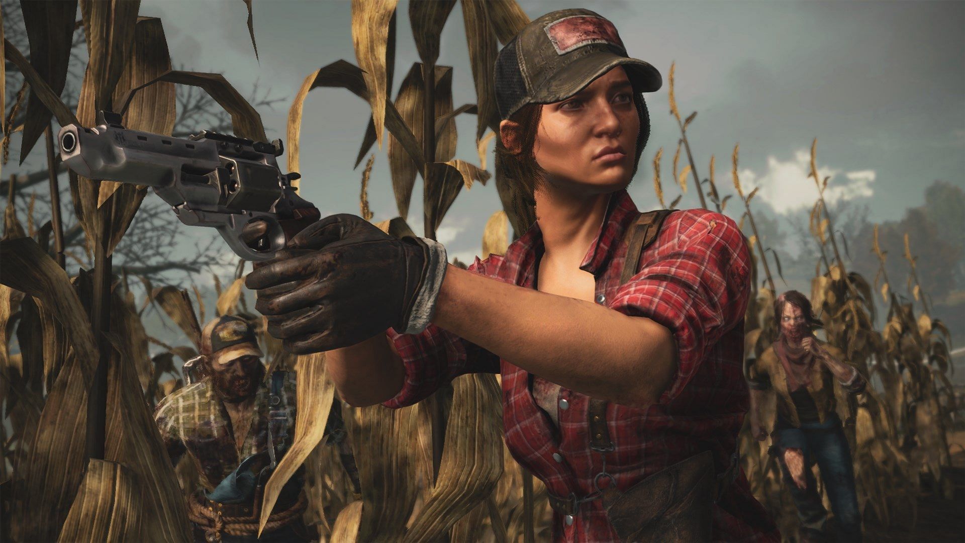 A character in Black Ops 4 holding a pistol as she is chased by zombies