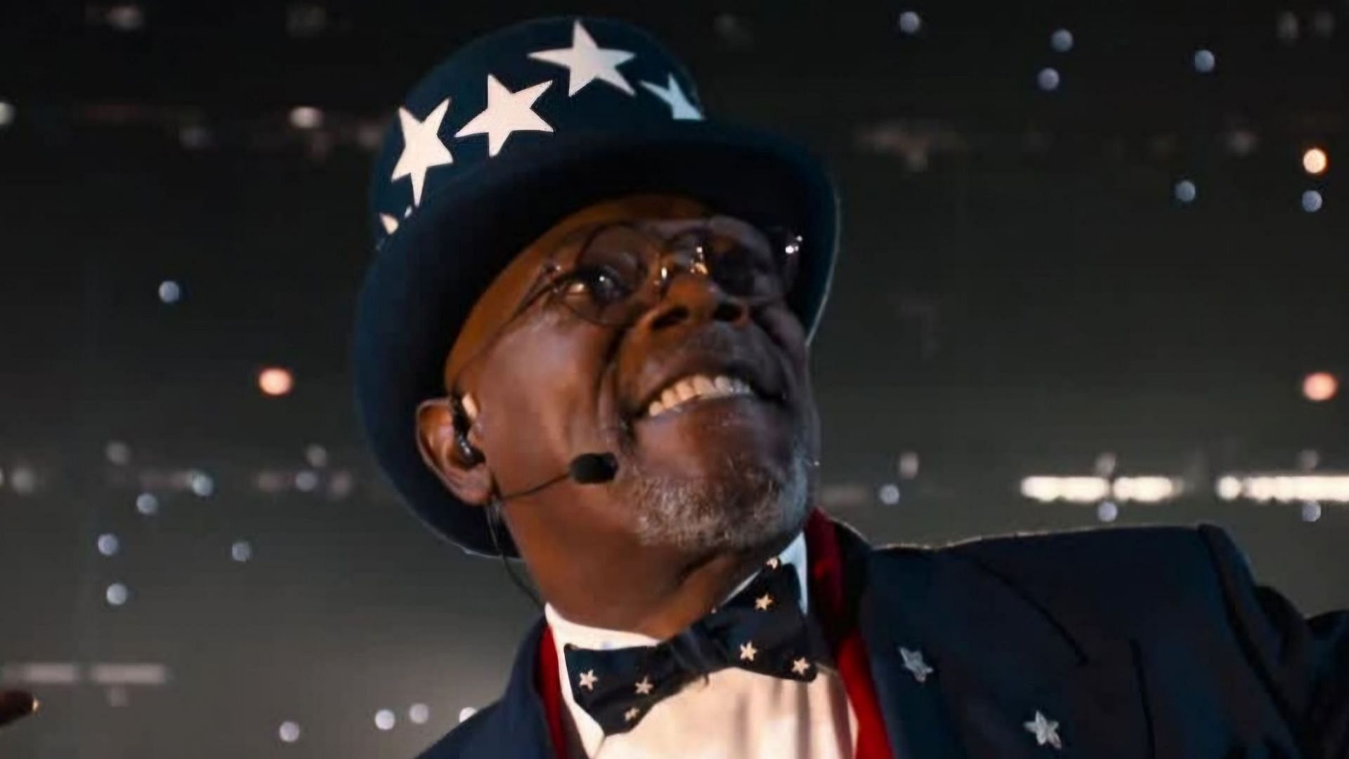 Actor Samuel L. Jackson in an Uncle Sam outfit during his appearance at Kendrick Lamar