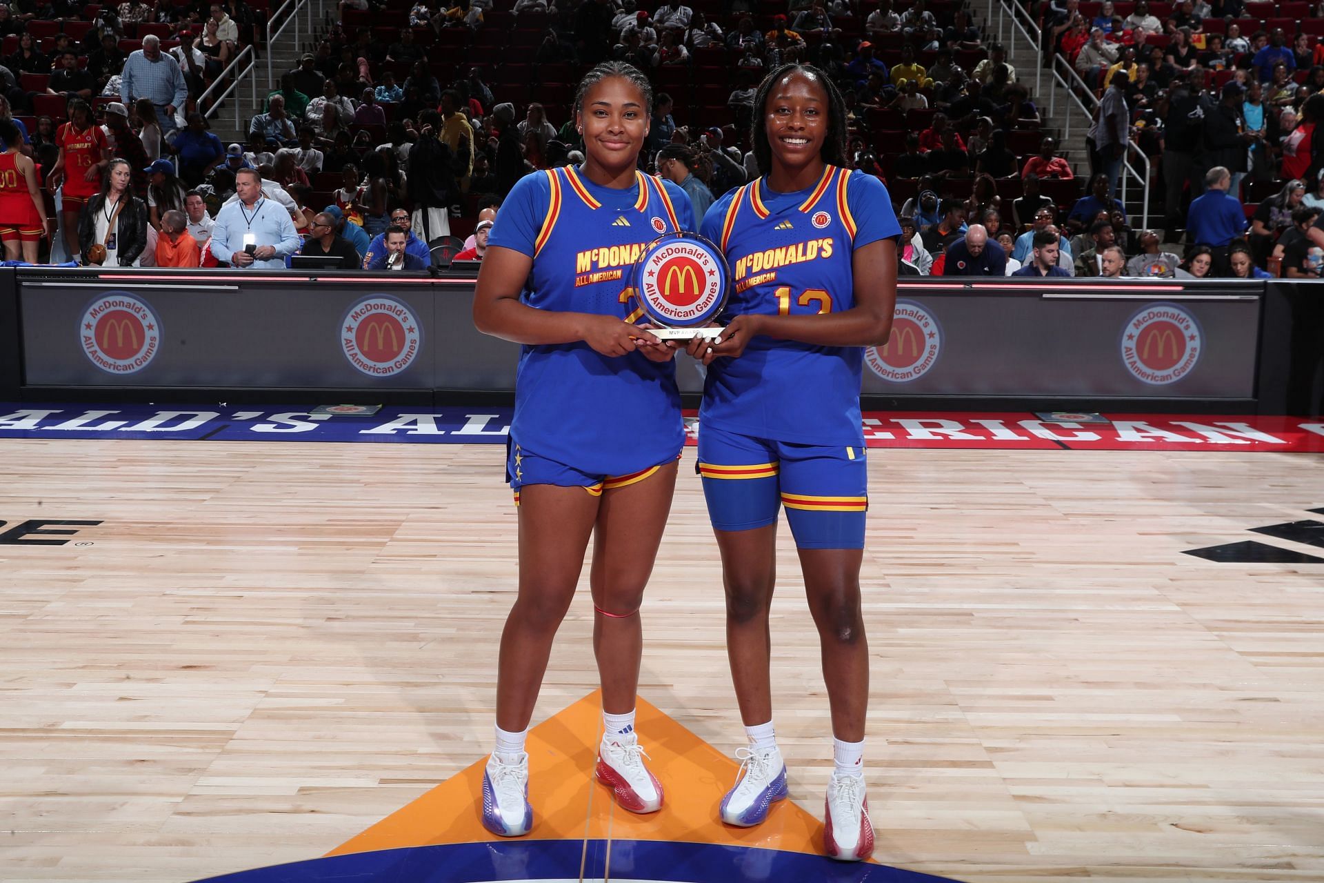 McDonalds All American East girls forward Sarah Strong (21) and forward Joyce Edwards (12) are named co MVP&#039;s of the McDonald&#039;s All American Girls Game on April 2, 2024 - Source: Getty